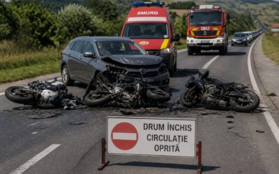 Patru persoane rănite și trafic blocat pe DN7 în Hunedoara, după ce o mașină a lovit trei motociclete