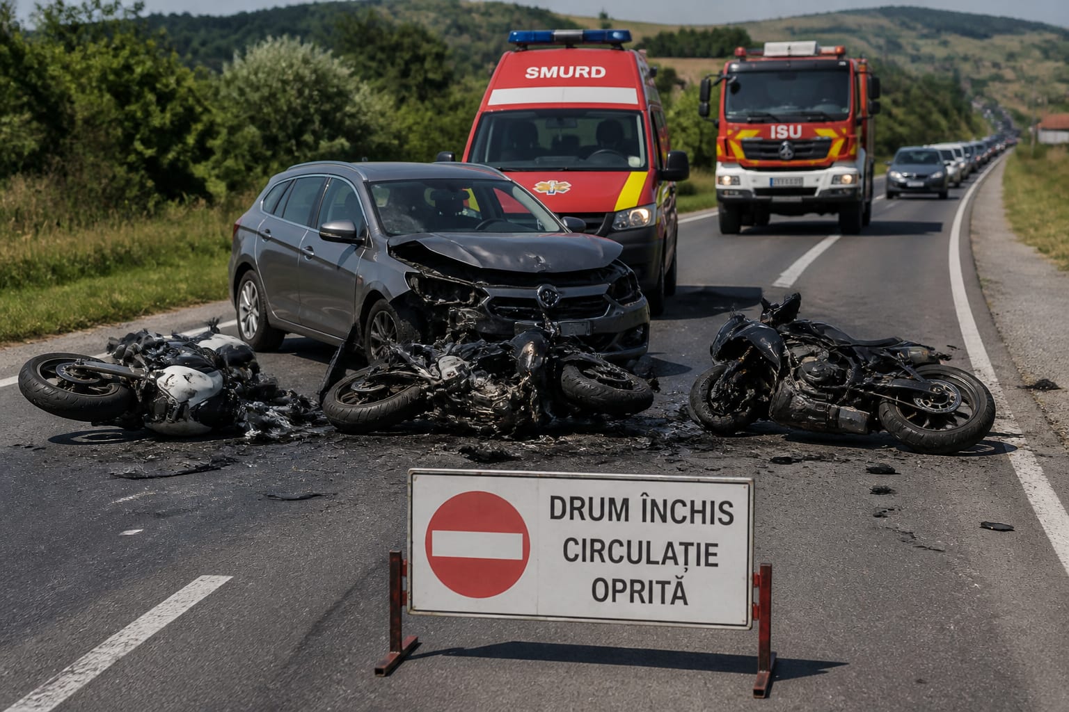 Patru persoane rănite și trafic blocat pe DN7 în Hunedoara, după ce o mașină a lovit trei motociclete