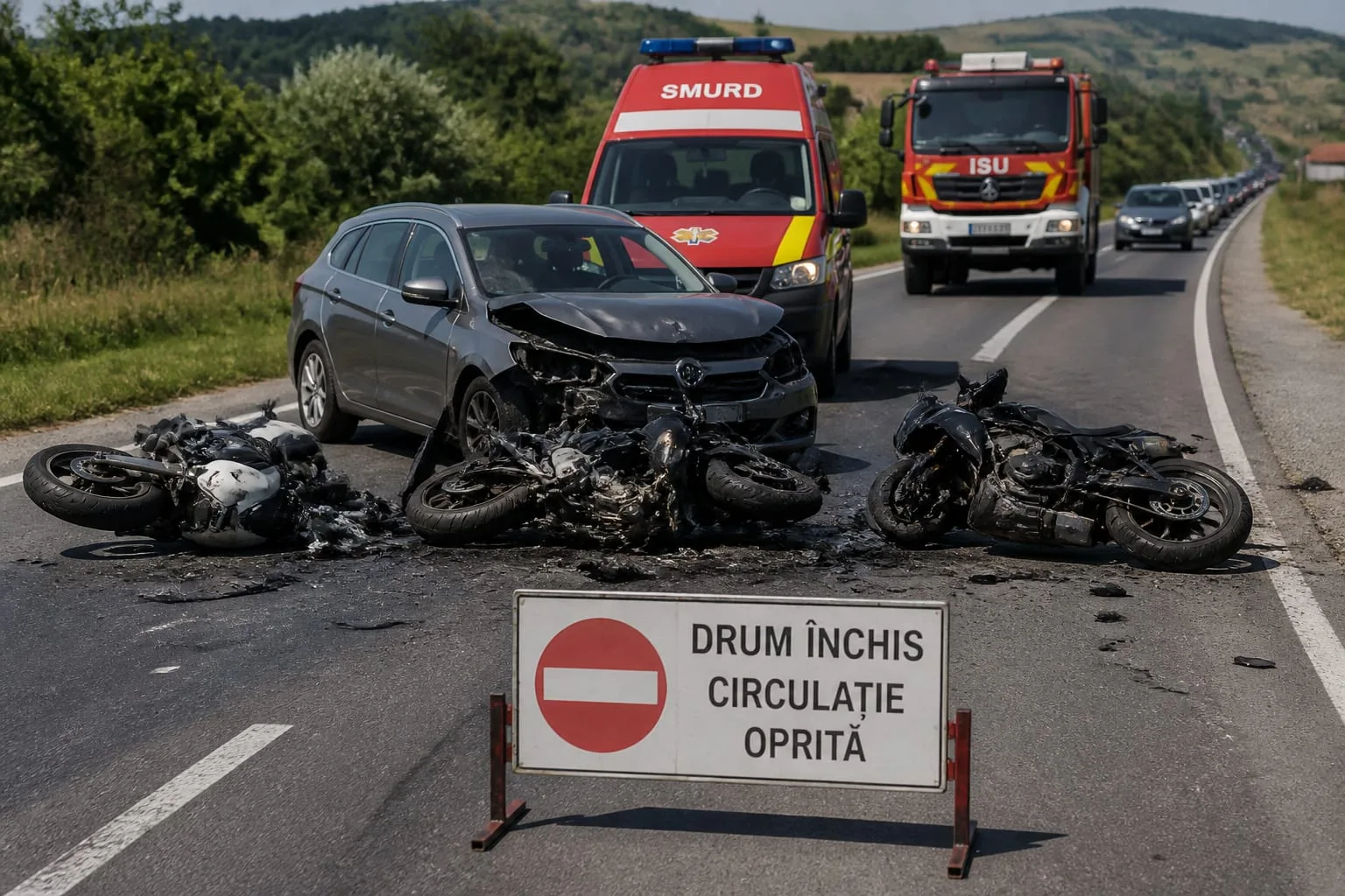 Patru persoane rănite și trafic blocat pe DN7 în Hunedoara, după ce o mașină a lovit trei motociclete