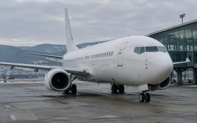 Avion alb fără însemne comerciale staționat pe o pistă de aeroport