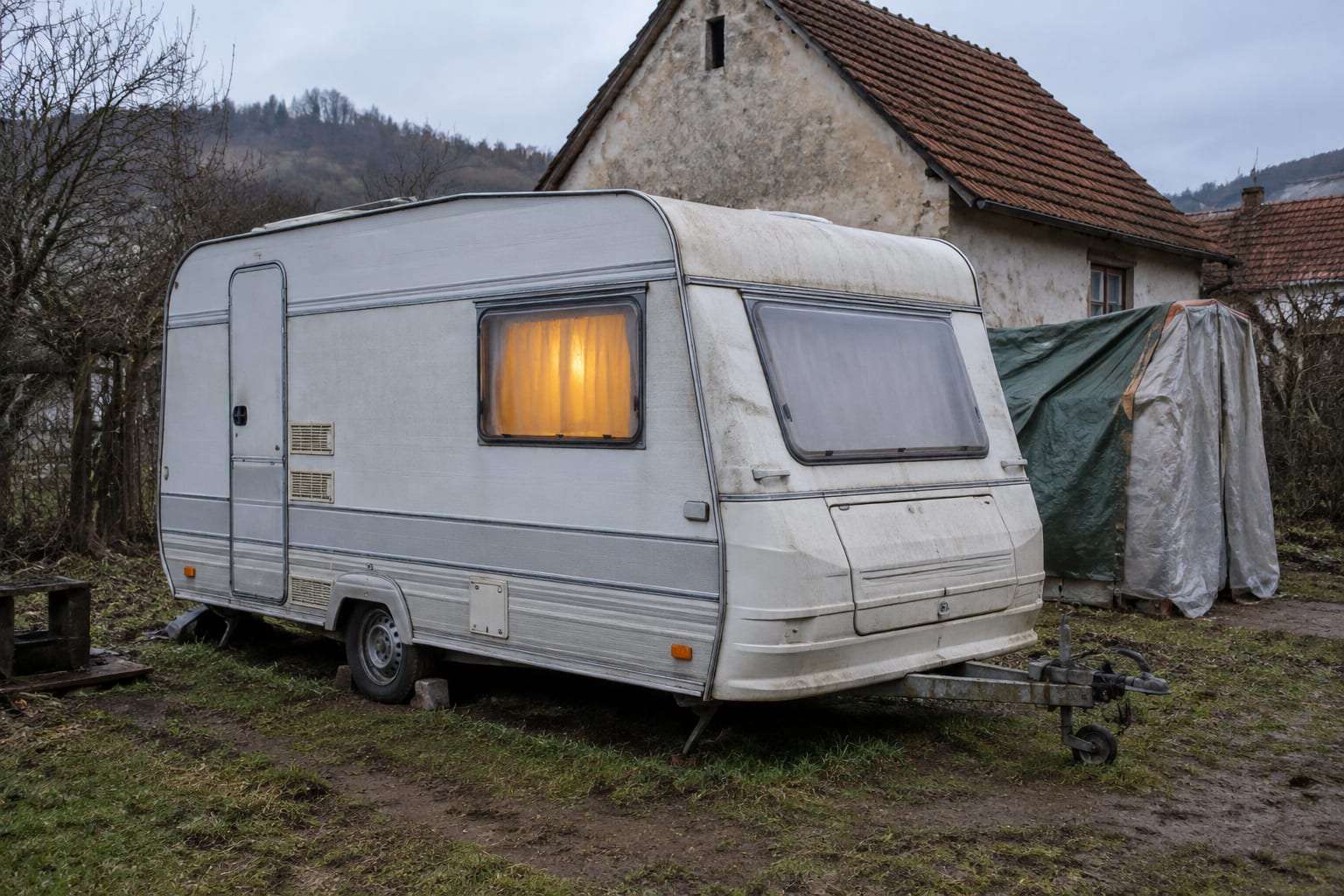 Rulotă locuită de familia din Brădeni
