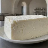 O bucată de telemea albă expusă pe o farfurie întinsă