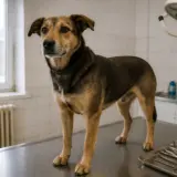 Un câine de talie medie, cu blană maro și neagră, stă în picioare pe o masă metalică de examinare dintr-un cabinet veterinar