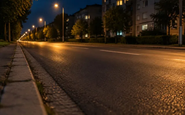 O stradă pustie iluminată de felinare pe timpul nopții în oraș