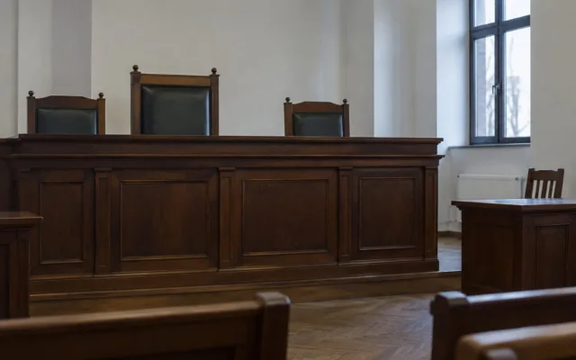 Sală de judecată cu bănci goale